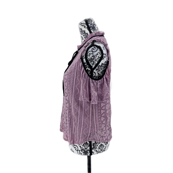 Lily White Mauve Lace Cold Shoulder w/ Black Ribbon Tie Romantic Boho Blouse - Picture 8 of 10